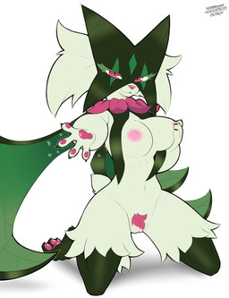anthro areola big_breasts biped breasts female female_anthro fur genitals green_body green_fur green_tail kneeling looking_at_viewer nipples pink_areola pink_eyes pink_nipples pubes solo tail vulva amazinggwen nintendo pokemon generation_9_pokemon meowscarada pokemon_(species) 2026 absurd_res hi_res