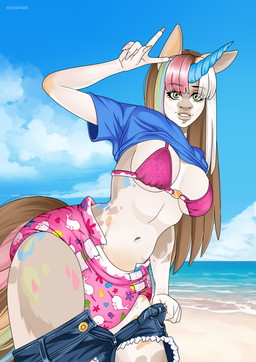 anthro beach bikini bikini_top clothed clothing diaper female green_eyes horn sea solo swimwear two-piece_swimsuit undressing_self water wearing_diaper mythology equid equine mammal mythological_creature mythological_equine unicorn absurd_res hi_res