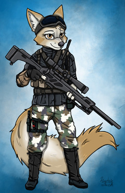 anthro brown_body brown_eyes brown_fur female fur grey_body grey_fur gun military ranged_weapon rifle sniper_rifle solo tan_body tan_fur weapon ziegelzeig zhao_(alexboehm) canid canine corsac_fox fox mammal true_fox 2024