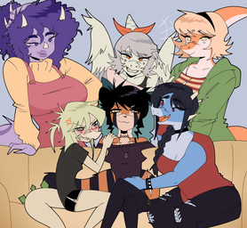 5_fingers accessory anthro clothing exposed_shoulder female fingers group half-siblings headband hoodie horn jealous overalls sweater topwear witchpanda cavemanon_studios snoot_game amber_(snoot_game) cynthia_(snoot_game) maria_(snoot_game) melissa_(snoot_game) sera_(snoot_game) witchpanda_(character) ailurid ankylosaurian ceratopsian ceratopsid chasmosaurine dinosaur hadrosaurid half-human hybrid mammal marginocephalian ornithischian ornithopod parasaurolophus prehistoric_species pterosaur red_panda reptile scalie stegosaurian stegosaurus thyreophoran triceratops absurd_res hi_res nonbinary_(lore)