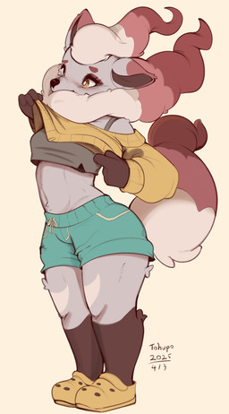 anthro anthrofied biped blush breasts clothed clothed_female clothing clothing_lift dipstick_tail female female_anthro fully_clothed fully_clothed_female markings medium_breasts navel orange_eyes pokemorph red_tail simple_background solo standing tail tail_markings tan_background thick_thighs wide_hips conditional_dnp tohupo nintendo pokemon generation_8_pokemon hisuian_form hisuian_zorua pokemon_(species) regional_form_(pokemon) 2025 absurd_res hi_res