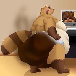 anthro balls belly big_belly blush bodily_fluids butt clothing computer diaper electronics feces genitals male moobs obese overweight overweight_male penis pooping scatplay soiled_diaper soiling solo sweat unclean_diaper used_diaper senakun0530 mammal procyonid raccoon hi_res