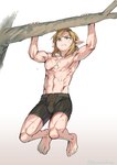 blonde_hair blue_eyes bodily_fluids bottomwear clothing exercise feet fingers hair humanoid_pointy_ears light_body light_skin male muscular muscular_humanoid muscular_male not_furry plant pull-up_(exercise) shorts simple_background solo sweat toes tree monbetsu_kuniharu nintendo the_legend_of_zelda link elf humanoid hylian