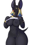 anthro big_breasts black_body black_fur breasts clothed clothing egyptian female fur genitals looking_at_viewer nipples pussy raised_clothing simple_background solo thick_thighs tongue tongue_out white_background wide_hips danonymous anubian_jackal canid canine canis jackal mammal 2021 2:3 hi_res