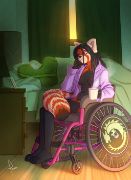 anthro atrophy bed bed_sheet bedding bedroom beverage coffee coffee_mug curtains curtains_closed depression disability dresser duo female furniture interspecies male pillow vehicle wheelchair window zombieze legend_of_ahya samantha_curings_(darkflamewolf) ailurid anole lizard mammal red_panda reptile scalie hi_res