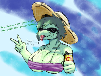 anthro big_breasts bikini bikini_top biped blep breasts clothing cloud day dialogue directional_arrow eyewear female fingers freckled_breasts freckled_chest freckled_face freckled_shoulders freckles front_view gesture green_body green_hair hair hand_gesture hat headgear headwear holding_object humanoid_hands non-mammal_breasts outside purple_bikini_top short_hair sky smile solo sun_hat sunglasses swimwear talking_to_viewer tongue tongue_out two-piece_swimsuit v_sign wet wet_body caldinie1 cavemanon_studios i_wani_hug_that_gator olivia_halford baryonyx dinosaur prehistoric_species reptile saurischian scalie spinosaurid theropod 4:3 colored hi_res shaded
