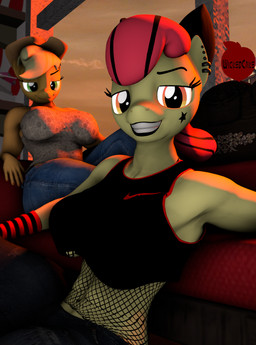 anthro big_breasts breasts clothing duo female fishnet_clothing magazine sunset wickedcake friendship_is_magic hasbro my_little_pony apple_bloom_(mlp) applejack_(mlp) equid equine horse mammal pony 3d_(artwork) cover digital_media_(artwork) hi_res magazine_cover source_filmmaker_(artwork)