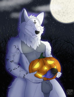 anthro balls bodily_fluids bone cloud cosmic_penis cross erection exhibitionism eyes_closed food fruit fur genital_fluids genitals grey_body grey_fur inverted_cross knot male moon neck_tuft outside penis plant precum pumpkin runes skull solo star tail tuft white_body white_fur lubanart asylumcursed canid canine mammal skulldog_(species) absurd_res hi_res