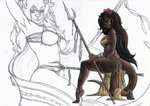 accessory anklet anthro bikini black_nose bottomwear bracelet breasts brown_body brown_fur brown_hair clothed clothing dual_wielding female flower flower_in_hair fur hair hair_accessory holding_melee_weapon holding_object holding_polearm holding_spear holding_weapon jewelry kneeling loincloth looking_at_viewer melee_weapon on_one_knee pawpads plant polearm side_view solo spear swimwear tribal two-piece_swimsuit warrior weapon umpherio lei-lani mammal mustelid otter 2015 traditional_media_(artwork)