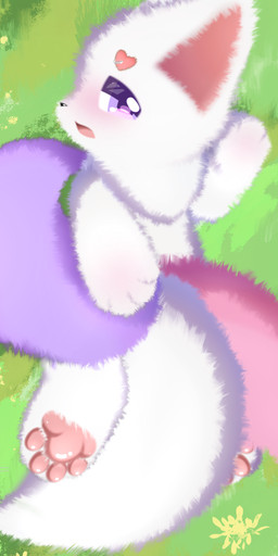 ambiguous_gender anthro blush covering covering_self fur grass grass_field lying multicolored_body multicolored_fur pink_body pink_fur plant purple_body purple_fur solo white_body white_fur shiningcanc canid canine canis domestic_dog mammal absurd_res hi_res