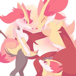 ambiguous_gender anthro black_body black_fur black_nose bodily_fluids crying evolutionary_family eyes_closed feral fur group markings object_in_tail open_mouth open_smile red_body red_eyes red_fur red_nose simple_background smile stick stick_in_tail sweat sweatdrop tail tail_markings teardrop tears teeth tongue trio white_body white_fur yellow_body yellow_fur rullu_1507 nintendo pokemon braixen delphox fennekin generation_6_pokemon pokemon_(species) 1:1 colored hi_res shaded simple_shading