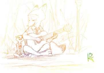 accessory acoustic_guitar anthro clothed clothing duo female floral flower flower_accessory flower_garland flower_hair_accessory flower_on_head garland guitar hair_accessory lei male musical_instrument open_mouth open_smile plant playing_guitar playing_music plucked_string_instrument simple_background sitting size_difference smile string_instrument white_background ittybittykittytittys disney zootopia kris_(zootopia) nick_wilde canid canine fox mammal mustelid otter red_fox true_fox 2017 absurd_res hi_res