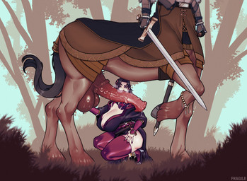 animal_genitalia animal_penis asian_clothing ball_fondling balls big_balls big_breasts black_hair bodily_fluids breasts clothed clothing crouching duo east_asian_clothing equine_genitalia equine_penis female fondling genital_fluids genitals hair huge_balls huge_breasts japanese_clothing legwear male melee_weapon nipple_slip outside penis precum size_difference steaming_penis sword thigh_highs vein veiny_penis weapon fragile_(artist) european_mythology greek_mythology mythology centaur equid equid_taur human humanoid_taur mammal mammal_taur taur absurd_res hi_res