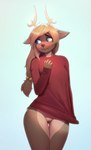 anthro antlers blonde_hair blue_eyes blush bodily_fluids bottomless bottomless_anthro bottomless_female brown_body brown_fur butt butt_from_the_front clothed clothing female fingers front_view fur genital_fluids genitals hair horn humanoid_genitalia humanoid_pussy innie_pussy long_hair long_sleeves partially_clothed pussy red_clothing red_topwear simple_background solo standing thigh_gap topwear vaginal_fluids yorzis reyn_(nukepone) deer mammal new_world_deer reindeer colored digital_drawing_(artwork) digital_media_(artwork) hi_res portrait three-quarter_portrait