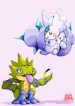 anthro beady_eyes blue_eyes clothing duo female forehead_gem fur gem gloves green_body handwear long_tongue male smile tongue tongue_out white_body white_fur pastelmon_art bandai_namco digimon digimon_beatbreak gemmon scalie unknown_species absurd_res hi_res