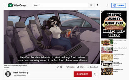 advertisement anthro black_hair bottomwear breasts burger car clothed clothing countershading denim denim_bottomwear denim_clothing facial_markings fake_advertisement fake_screencap fast_food female food fur gesture grey_body grey_fur hair head_markings holding_bag inside inside_car inside_vehicle jeans markings mask_(marking) open_mouth pants paper_bag parking_lot parody ponytail review ring_(marking) ringed_tail seat shirt sitting sitting_in_car smile solo steering_wheel striped_body striped_fur striped_markings striped_tail stripes t-shirt tail tail_markings text topwear vehicle waving waving_at_viewer white_body white_clothing white_countershading white_shirt white_t-shirt white_topwear silverfang725 youtube mammal procyonid raccoon 2022 clip_studio_paint_(artwork) digital_media_(artwork) english_text hi_res shaded subtitled