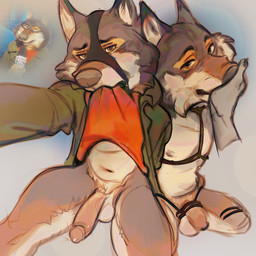 anthro arms_tied balls bdsm bottomless bottomless_anthro bottomless_male bound brown_body brown_fur clothed clothing clothing_lift coat erection faceless_character fur genitals hand_on_snout hands_behind_back harness kneeling looking_at_viewer looking_pleasured male penis reporter shirt shirt_lift solo topwear mimidragoness disney zootopia denny_howlett canid canine canis mammal wolf hi_res