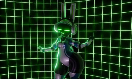 4_fingers anthro big_butt black_body bottom_heavy bouncing_breasts bouncing_butt breasts butt cleavage clothed clothing dancing eyes_closed female female_anthro fingers glistening glistening_butt glowing glowing_eyes glowing_mouth green_eyes green_mouth machine medium_breasts multicolored_clothing multiple_angles noseless smile solo thick_thighs two_tone_clothing wide_hipped_anthro wide_hipped_female wide_hips pinkmoth project_turboblast tempo_(project_turboblast) lagomorph leporid mammal rabbit robot robot_anthro 2025 3d_(artwork) 3d_animation 5:3 animated digital_media_(artwork) no_sound short_playtime video