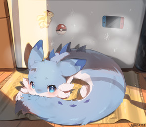 ambiguous_feral ambiguous_gender bite blue_body blue_eyes blue_fur blush blush_lines cheek_tuft chibi detailed_background ear_markings facial_tuft feral freezing fur kemono looking_at_viewer lying lying_on_ground on_ground pokeball relaxing smile snow solo tail tail_bite tail_in_mouth tuft white_body white_fur janiskisa mythology nintendo nintendo_switch palworld pocketpair pokemon chillet dragon furret generation_2_pokemon lagomorph mammal mythological_creature mythological_scalie pal_(species) pokemon_(species) scalie digital_media_(artwork) hi_res