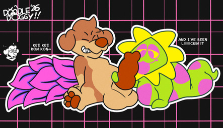 ambiguous_gender anthro balls big_balls big_penis dialogue duo eyes_closed flower genitals huge_balls huge_penis hyper hyper_balls hyper_genitalia hyper_penis leaf leaf_tail male male/ambiguous penis plant shocked tail tongue tongue_out doodledoggy deltarune undertale_(series) doodle_(doodledoggy) canid canine canis domestic_dog elemental_creature flora_fauna floradinn flower_creature humanoid mammal netskie hi_res
