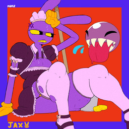 4_fingers angry anthro big_butt bite_mark bodily_fluids bucket butt cleaning_tool clothing container cross-popping_vein ears_up femboy fingers legwear lipstick looking_at_another maid_headdress maid_uniform makeup male mop purple_body sharp_teeth solo sponge stockings sweat sweatdrop teeth thick_thighs tongue tongue_out torn_clothing torn_legwear torn_stockings uniform vadaver glitch_productions the_amazing_digital_circus bubble_(tadc) jax_(tadc) lagomorph leporid living_bubble mammal rabbit 1:1 absurd_res hi_res