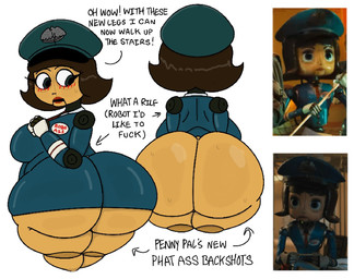 big_breasts big_butt blush blush_lines breasts brown_hair butt butt_focus clothed clothing dialogue female hair hat headgear headwear huge_butt looking_back machine no_underwear not_furry partially_clothed profanity rear_view screencap solo tan_body text uniform wide_hips theslashfive penny_pal humanoid robot robot_humanoid english_text hi_res reference_image