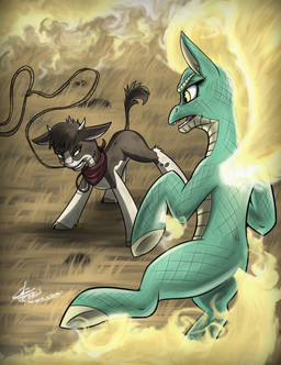 battle brown_body brown_fur brown_hair duo female feral fight fire fur green_body green_scales hair scales tail yellow_eyes the_cool_boy asian_mythology chinese_mythology east_asian_mythology mythology them's_fightin'_herds arizona_cow_(tfh) tianhuo_(tfh) woof_(tfh) beef_cattle bovid bovine cattle dragon equid equine hereford_cattle horse longma mammal mythological_creature mythological_equine mythological_scalie scalie 2015 hi_res source_request unavailable_at_source
