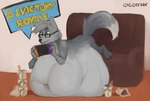 abdominal_bulge anthro belly big_belly black_eyewear black_glasses black_nose blue_eyes eyebrows eyewear furniture gaming glasses grey_body grey_ears grey_eyebrows grey_hair grey_tail hair huge_belly hyper hyper_belly inside lying male on_front playing_video_game smile sofa solo tail text vore calcatrix epic_games fortnite nintendo nintendo_switch 2024 artist_name colored digital_media_(artwork) english_text hi_res