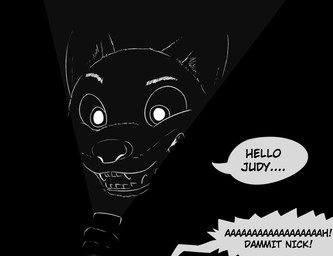 anthro black_background dark dialogue ellipsis exclamation_point fangs flashlight fur holding_object inner_ear_fluff light offscreen_character open_mouth scary screaming simple_background solo speech_bubble teeth text tuft a-signature disney zootopia nick_wilde canid canine fox mammal red_fox true_fox 2020 black_and_white english_text lighting monochrome