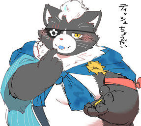 anthro belly black_body black_fur blep blush eye_patch eyewear fur male moobs overweight scar smile solo tongue tongue_out san08_komu vtuber matatabi_maguro domestic_cat felid feline felis mammal absurd_res hi_res