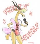 3_toes anthro dialogue electronics feet female fur hand_on_hip holding_object microphone musical_note musical_symbol simple_background singing solo symbol text toes white_background chumpy disney zootopia gazelle_(zootopia) antelope bovid gazelle mammal 2016 english_text portrait three-quarter_portrait