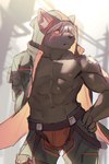 abs anthro boxers_(clothing) brown_body brown_fur chaps clothed clothing coat facial_scar fur hoodie male muscular muscular_arms navel nipples open_clothing open_coat open_topwear pecs pupils red_clothing red_pupils red_underwear scar solo topwear underwear biri lifewonders tokyo_afterschool_summoners tadatomo_(tas) canid canine canis domestic_dog mammal hi_res