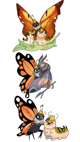 4_arms 4_legs 6_legs ambiguous_feral ambiguous_gender angry antennae_(anatomy) arthropod_abdomen black_antennae blue_wings blush blush_stickers carrying_another duo eye_patch eyebrows eyeless eyespots eyewear female female/female female_taur feral flying frown green_body group hand_on_hip headpat heart_symbol holding_object insect_wings leaf lepidopteran_wings markings monotone_body multi_arm multi_limb multicolored_wings orange_wings purple_body simple_background smile trio white_background wings young young_ambiguous young_feral fenghuangz disney hoppers_(disney) pixar fan_character insect_queen_(hoppers) iris_(auroradelight) mirabelle_(honeycombcrown) titus_(hoppers) arthropod butterfly caterpillar insect larva lepidopteran monarch_butterfly moth taur 2026 9:16 digital_media_(artwork) hi_res brother_(lore) brother_and_sister_(lore) daughter_(lore) mother_(lore) mother_and_child_(lore) mother_and_daughter_(lore) mother_and_son_(lore) parent_(lore) parent_and_child_(lore) parent_and_daughter_(lore) parent_and_son_(lore) sibling_(lore) sister_(lore) son_(lore)