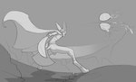animal_genitalia anthro armor balls biped bottomless butt cape cliff clothed clothing explosion feet footwear genitals grey_background hair handwear macro male melee_weapon nude outside pose rock shoes simple_background solo standing sword water weapon raubr1tter alien bat mammal absurd_res black_and_white greyscale hi_res line_art monochrome sketch
