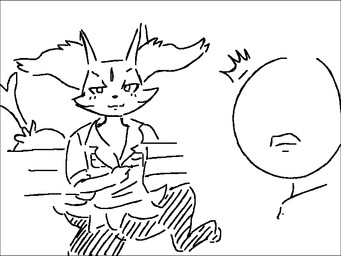 1-bit 3_fingers ambiguous_anthro ambiguous_gender ambiguous_human anthro bench big_tail biped black_border blush blush_lines border bottomless bottomless_ambiguous bottomless_anthro clothed clothing digitigrade duo emanata featureless_crotch fingers front_view half-closed_eyes looking_at_viewer narrowed_eyes object_in_tail open_mouth sitting smile stick stick_in_tail tail aka_leopard nintendo pokemon yaranaika anon braixen canid generation_6_pokemon human mammal pokemon_(species) 2020 4:3 aliasing binary_drawing black_and_white digital_drawing_(artwork) digital_media_(artwork) meme monochrome