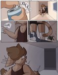 anthro beverage beverage_can brown_body brown_fur brown_hair clothing container cup dialogue drinking footwear fur hair hallway leg_grab lightswitch male scared scared_expression shirt socks solo tank_top text topwear spicykiwi alex_(spicykiwi) felid feline mammal absurd_res comic hi_res