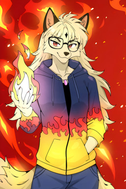 anthro blonde_hair blue_clothing clothing eyewear fire fur fur_markings glasses hair hand_in_pocket holding_fireball male markings pockets red_eyes shikon_jewel solo wearing_glasses yellow_body yellow_fur nyxfin99 inuyasha kirara_(inuyasha) canid canine fox mammal absurd_res hi_res