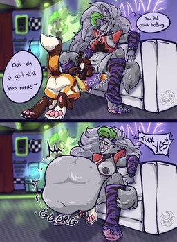 abdominal_bulge anthro big_breasts biped bodily_fluids bottomless breasts brown_body brown_fur claws clothed clothing cum cunnilingus dialogue duo ear_piercing employee female female_pred fur furniture genital_fluids genitals green_hair hair long_hair male male/female male_prey nipples nude oral oral_penetration pawpads paws penetration performance_review piercing pokemorph pose purple_body sex shirt sofa sofa_sex spikes spikes_(anatomy) standing tail text topwear unbirthing vaginal vore vulva white_hair willing_prey workplace breadbitedog five_nights_at_freddy's five_nights_at_freddy's:_security_breach nintendo pokemon scottgames steel_wool_studios pecan_(soulvixen) roxanne_wolf african_wild_dog canid canine canis generation_4_pokemon lucario mammal pokemon_(species) wolf colored detailed digital_drawing_(artwork) digital_media_(artwork) hi_res