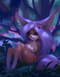 2018 accessory anthro breasts digital_media_(artwork) ear_tuft eyebrows female flower forest grass hair hair_accessory hi_res long_hair looking_at_viewer mammal nipples nude nymph outside plant red_eyes short_stack sitting solo tailhug_(artist) tree tuft