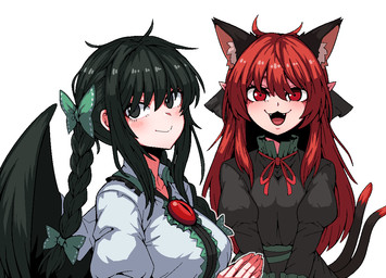 2_tails :d accessory alternate_hairstyle black_clothing black_dress black_eyes black_hair black_tail black_wings bow_ribbon braided_hair clothed clothed_female clothed_humanoid clothing dipstick_tail dress duo feathered_wings feathers female hair hair_accessory hair_bow hair_ribbon humanoid_pointy_ears looking_at_viewer markings multi_ear multi_tail open_mouth open_smile pigtails pointy_and_animal_ears pointy_ears red_eyes red_hair red_tail_tip ribbons shirt simple_background smile tail tail_markings topwear twin_braids twintails_(hairstyle) white_background white_clothing white_shirt white_topwear wings formicid_(artist) asian_mythology east_asian_mythology japanese_mythology mythology touhou rin_kaenbyou utsuho_reiuji animal_humanoid avian avian_humanoid cat_humanoid felid felid_humanoid feline feline_humanoid humanoid mammal mammal_humanoid nekomata winged_humanoid yokai