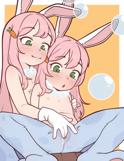 age_regression animal_legs anthro belly blue_body blue_fur blush breasts bubble carrot clothing duo female female/female flat_chested food fur genitals gloves green_eyes hair handwear loli multicolored_body multicolored_fur navel nipples nude pawpads paws pink_hair plant rabbit_ears selfcest simple_background small_breasts smile square_crossover vegetable vulva white_body white_fur young young_female casytay usawa_fuwakaru animal_humanoid humanoid lagomorph lagomorph_humanoid leporid leporid_humanoid mammal mammal_humanoid rabbit_humanoid digital_media_(artwork) hi_res
