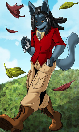 anthro black_hair blue_body blue_fur boots bottomwear brown_eyes cargo_pants cellphone chest_spike clothed clothing collared_shirt dreadlocks dress_shirt electronics falling_leaves footwear fur hair hand_in_pocket hand_spike holding_cellphone holding_object holding_phone humanoid_hands leaf male outside pants phone pockets pokemorph shirt shoes solo spikes spikes_(anatomy) topwear walking avencri upstairstudios nintendo pokemon survival_of_the_fittest jack_hadron generation_4_pokemon lucario pokemon_(species) 2016 3:5 hi_res