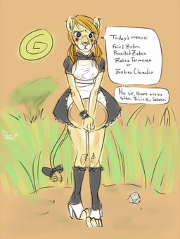 accessory africa anthro biped bow_(feature) bow_accessory bow_ribbon clothing dialogue female footwear furgonomics hair high_heels humor maid_uniform outside ribbons shoes solo tail tail_accessory tail_bow tail_ribbon text uniform waiter delhi-shuffle felid lion mammal pantherine 3:4 english_text