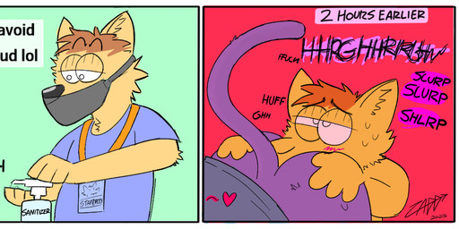 anal anthro blush bodily_fluids clothed clothing convention duo ear_tuft eyebrows fur fur_tuft hand_on_butt hand_sanitizer head_tuft heart_symbol humor lanyard looking_pleasured male male/male mask onomatopoeia oral oral_penetration partially_clothed penetration profanity raised_eyebrow raised_tail rimming sex shirt sound_effects sweat tail text toony toony_eyes topwear tuft wearing_mask chadzadd canid canine canis coyote felid feline fox mammal comic signature