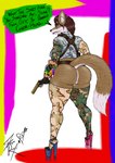 anthro big_butt butt camo camo_clothing camo_print clothed clothing female footwear gun handgun high_heels huge_butt looking_at_viewer looking_back partially_clothed pattern_clothing pip-boy pistol platform_footwear platform_heels ranged_weapon shoes solo text thick_thighs weapon furlyfe_redux fallout microsoft canid canine fox mammal english_text hi_res