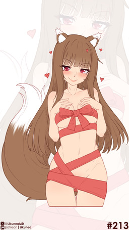 bow_ribbon breasts brown_hair dipstick_tail female hair heart_symbol long_hair markings navel red_eyes ribbon_only ribbons solo tail tail_markings likunea spice_and_wolf holo_(spice_and_wolf) animal_humanoid canid canid_humanoid canine canine_humanoid humanoid mammal mammal_humanoid wolf_humanoid 4k 9:16 absurd_res hi_res