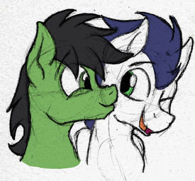black_hair black_mane blue_hair blue_mane duo feral green_body green_eyes hair kissing_cheek male male/male mane one_eye_closed wings sefastpone friendship_is_magic hasbro my_little_pony mythology anon anon_stallion soarin_(mlp) wonderbolts_(mlp) earth_pony equid equine horse mammal mythological_creature mythological_equine pegasus pony 2022 colored_sketch sketch