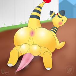 anus balls big_balls big_penis black_body black_fur blush bodily_fluids butt dirt_path dripping erection fence feral fur genital_fluids genitals looking_at_viewer looking_back looking_back_at_viewer lying male musk on_front open_mouth outside penis penis_backwards perineum precum precum_drip presenting presenting_hindquarters solo tapering_penis yellow_body yellow_fur kamek_sans hi_res signature