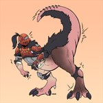 armor body_size_growth bottom_heavy bottomwear claws clothing feathers feral hair headgear helmet human_to_feral looking_back male mid_transformation pants ponytail raised_tail size_transformation solo species_transformation standing tail torn_bottomwear torn_clothing torn_pants transformation volentis capcom monster_hunter anjanath brute_wyvern human mammal 1:1 2023 story story_at_source story_in_description