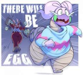 anthro bandage bandaged_body basket bodily_fluids clothing container duo egg fake_ears fake_rabbit_ears featureless_crotch female female/female green_eyes open_mouth purple_body red_body running simple_background tail tears text thick_thighs tongue tongue_out wide_hips yoshi_egg xingscourge nintendo pokemon juniper_(potoobrigham) kiwi_(potoobrigham) avian blaziken generation_3_pokemon generation_6_pokemon goodra mollusk pokemon_(species) 2025 english_text hi_res